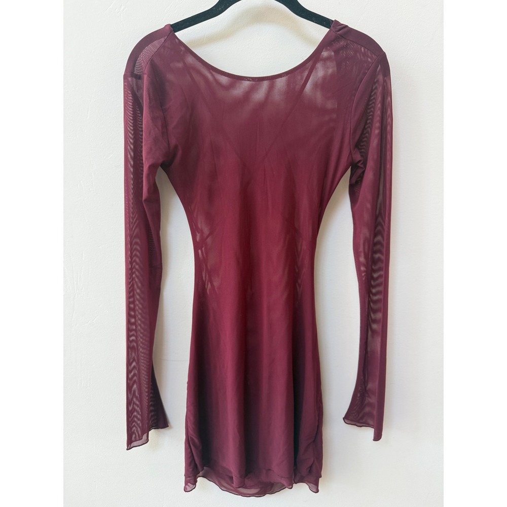 NWT Edikted Womens Mesh Mini Dress Burgundy Open Back Sheer Size S Y2K Club